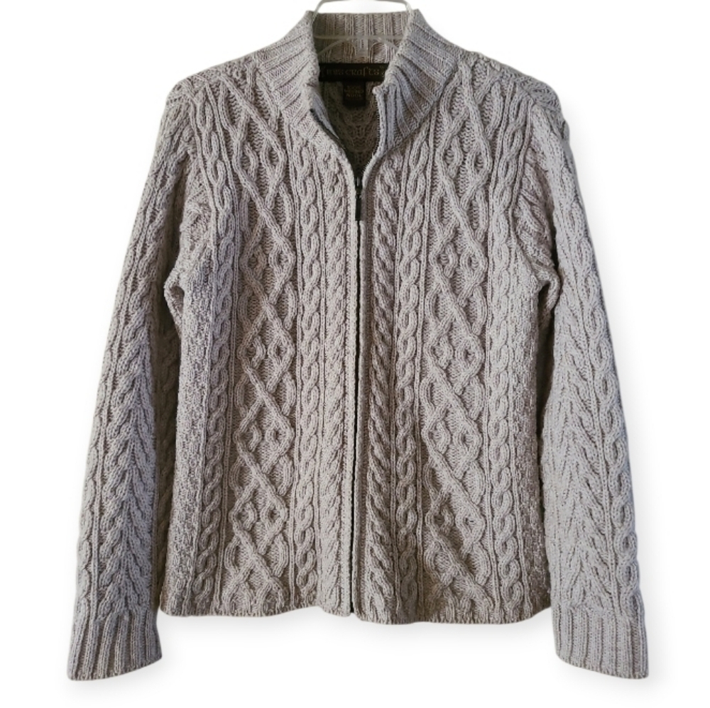 Inis Crafts 100%Merino Wool Irish Full Zip Cable Knit Sweater - Griege